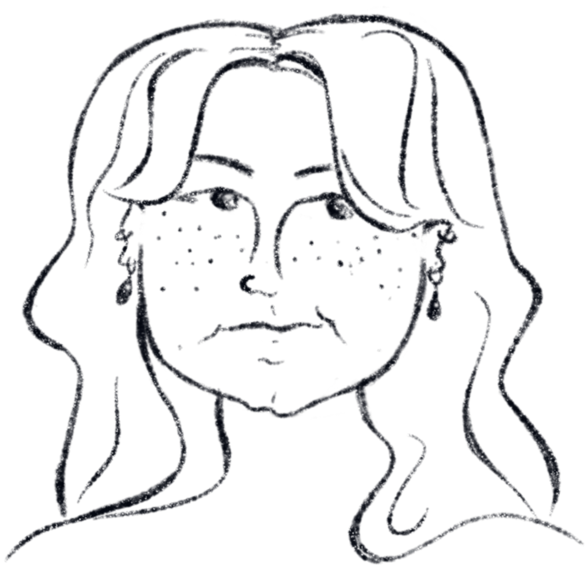 A pencil sketch portrait of Julia with long hair, bangs, and earrings.